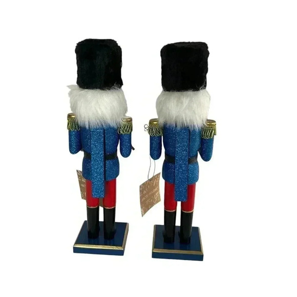 Wood Christmas Nutcracker Set Drummer Soldier Fur Hat Red Blue Holiday Decor - Picture 4 of 7